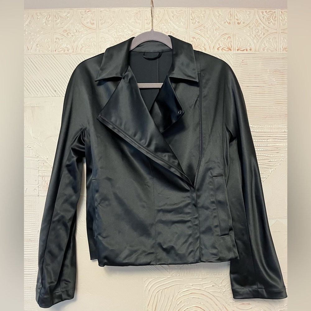 Gently used black satin Calvin Klein biker jacket, size small